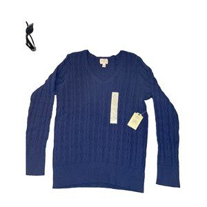 St Johns Bay Navy V Neck Classic Cable Sweater Women’s Large Navy NWT